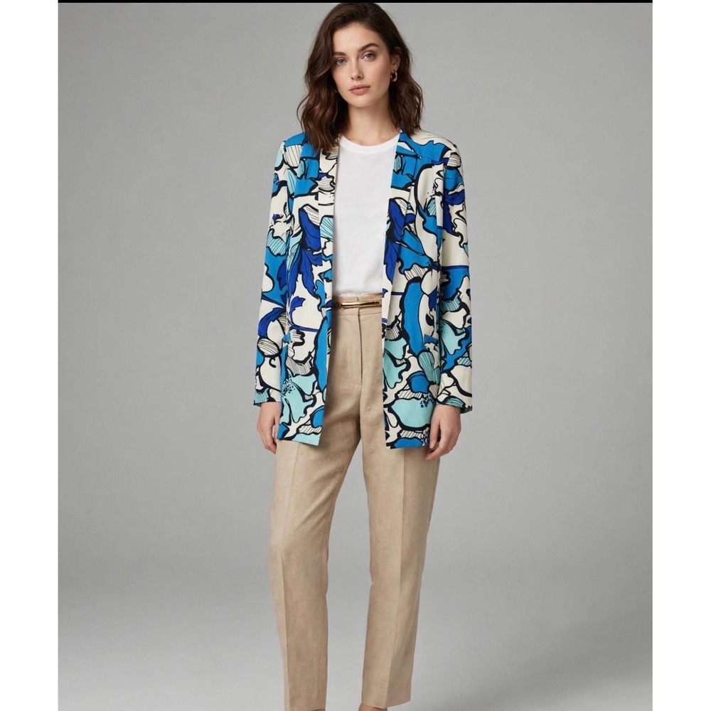 River Island Blue Floral Abstract Open Front Longline Blazer Jacket Size 14